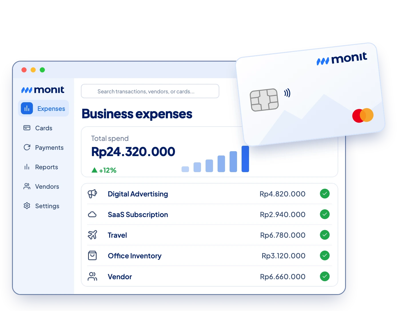 Monit business expenses dashboard with physical card