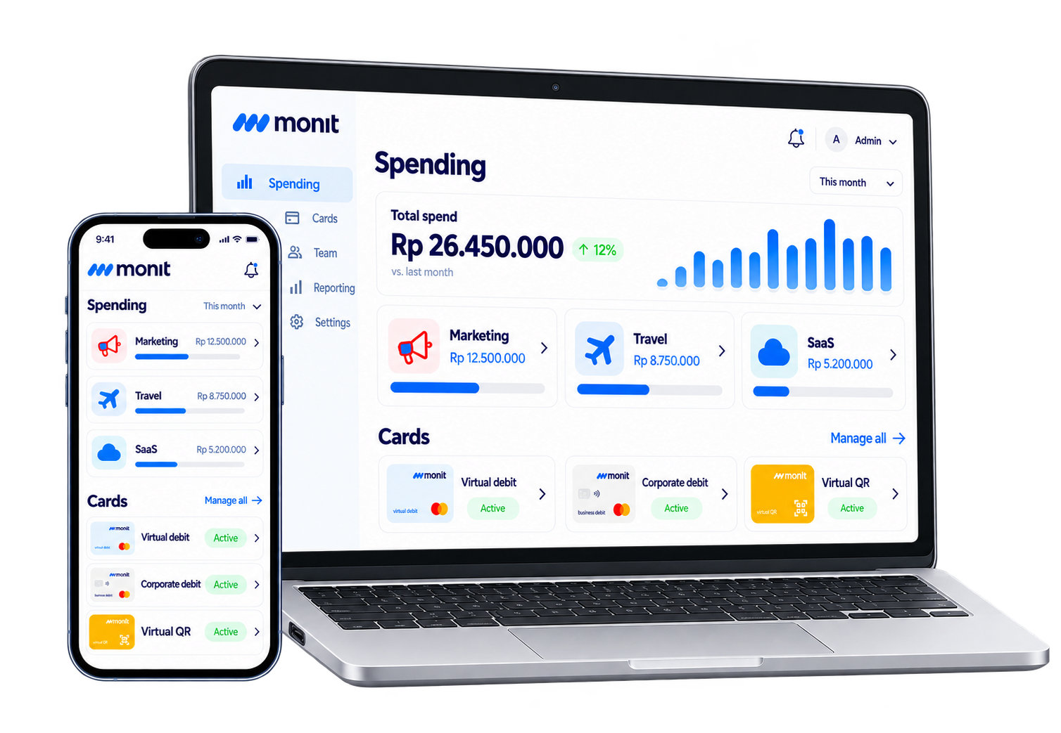 Monit app spending dashboard on laptop and phone